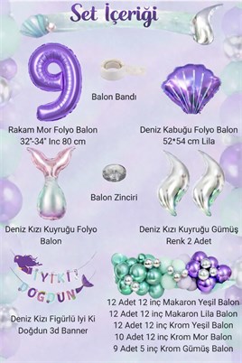 Deniz Kızı Temalı 9 Yaş Doğum Günü Balon Süsleme Seti – Mor Lila Parti Dekorasyon Seti