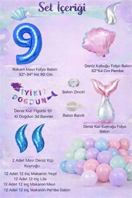 Deniz Kızı Temalı 9 Yaş Doğum Günü Balon Süsleme Seti – Pastel Renkli Parti Dekorasyon Seti
