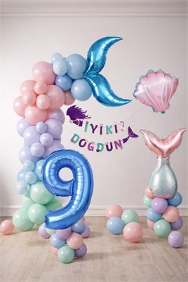 Deniz Kızı Temalı 9 Yaş Doğum Günü Balon Süsleme Seti – Pastel Renkli Parti Dekorasyon Seti