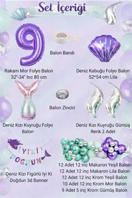 Deniz Kızı Temalı 9 Yaş Doğum Günü Balon Süsleme Seti – Mor Lila Parti Dekorasyon Seti