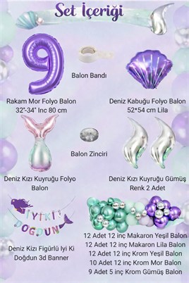 Deniz Kızı Temalı 9 Yaş Doğum Günü Balon Süsleme Seti – Mor Lila Parti Dekorasyon Seti