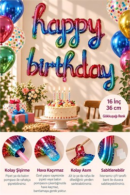 El Yazılı 16 İnç Happy Birthday Gökkuşağı Balon Set 