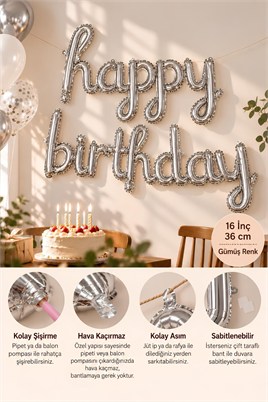 El Yazılı 16 İnç Happy Birthday Gümüş Balon Set 