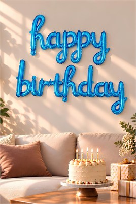 El Yazılı 16 İnç Happy Birthday Mavi Balon Set 