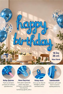 El Yazılı 16 İnç Happy Birthday Mavi Balon Set 