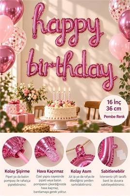 El Yazılı 16 İnç Happy Birthday Pembe Balon Set 