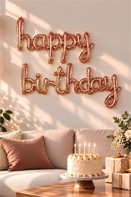 El Yazılı 16 İnç Happy Birthday Rose Gold Balon Set 