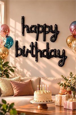 El Yazılı 16 İnç Happy Birthday Siyah Balon Set 