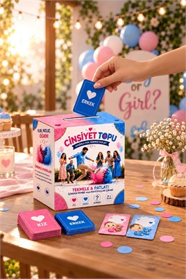 Erkek Cinsiyet Belirleme Topu ve 24lü Tahmin Kartı Seti – Mavi Pul Çıkan Gender Reveal Parti Seti