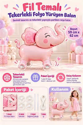 Fil Temalı Tekerlekli Folyo Yürüyen Balon – Pembe Sevimli Fil Balon 59x62 cm
