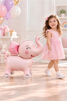 Fil Temalı Tekerlekli Folyo Yürüyen Balon – Pembe Sevimli Fil Balon 59x62 cm