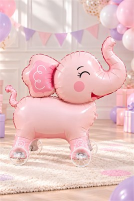 Fil Temalı Tekerlekli Folyo Yürüyen Balon – Pembe Sevimli Fil Balon 59x62 cm