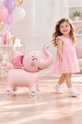 Fil Temalı Tekerlekli Folyo Yürüyen Balon – Pembe Sevimli Fil Balon 59x62 cm
