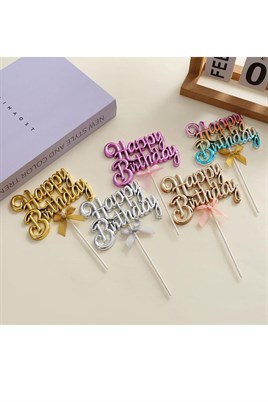 Fuşya Renk Happy Birthday Yazılı Pasta Süsü