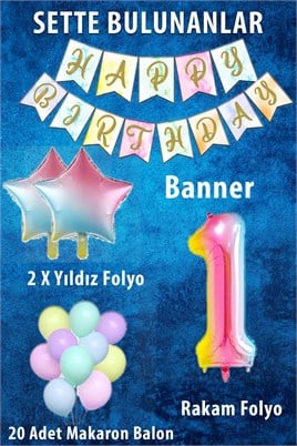 Gökkuşağı Konsepti 1 Yaş Doğum Günü Parti Kutlama Seti; Rakam ve Yıldız Folyo, Banner ve Makaron Balon