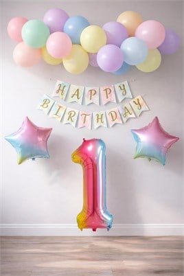 Gökkuşağı Konsepti 1 Yaş Doğum Günü Parti Kutlama Seti; Rakam ve Yıldız Folyo, Banner ve Makaron Balon