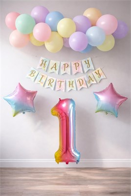 Gökkuşağı Konsepti 1 Yaş Doğum Günü Parti Kutlama Seti; Rakam ve Yıldız Folyo, Banner ve Makaron Balon