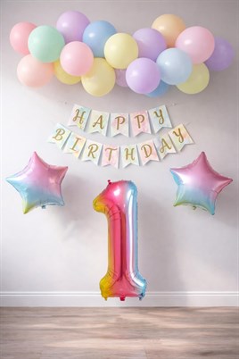 Gökkuşağı Konsepti 1 Yaş Doğum Günü Parti Kutlama Seti; Rakam ve Yıldız Folyo, Banner ve Makaron Balon