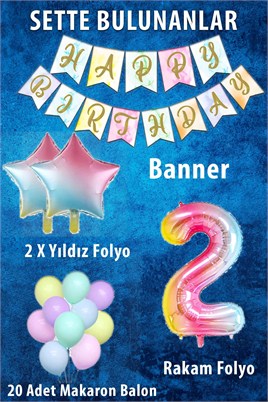 Gökkuşağı Konsepti 2 Yaş Doğum Günü Parti Kutlama Seti; Rakam ve Yıldız Folyo, Banner ve Makaron Balon