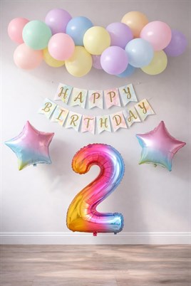 Gökkuşağı Konsepti 2 Yaş Doğum Günü Parti Kutlama Seti; Rakam ve Yıldız Folyo, Banner ve Makaron Balon