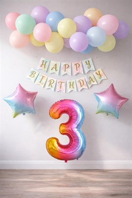 Gökkuşağı Konsepti 3 Yaş Doğum Günü Parti Kutlama Seti; Rakam ve Yıldız Folyo, Banner ve Makaron Balon
