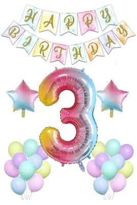 Gökkuşağı Konsepti 3 Yaş Doğum Günü Parti Kutlama Seti; Rakam ve Yıldız Folyo, Banner ve Makaron Balon