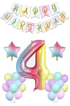 Gökkuşağı Konsepti 4 Yaş Doğum Günü Parti Kutlama Seti; Rakam ve Yıldız Folyo, Banner ve Makaron Balon
