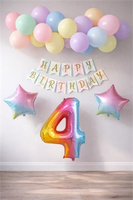 Gökkuşağı Konsepti 4 Yaş Doğum Günü Parti Kutlama Seti; Rakam ve Yıldız Folyo, Banner ve Makaron Balon