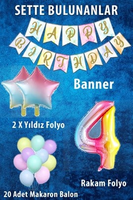 Gökkuşağı Konsepti 4 Yaş Doğum Günü Parti Kutlama Seti; Rakam ve Yıldız Folyo, Banner ve Makaron Balon