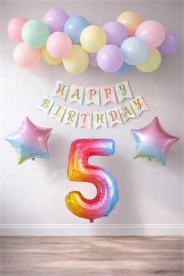 Gökkuşağı Konsepti 5 Yaş Doğum Günü Parti Kutlama Seti; Rakam ve Yıldız Folyo, Banner ve Makaron Balon