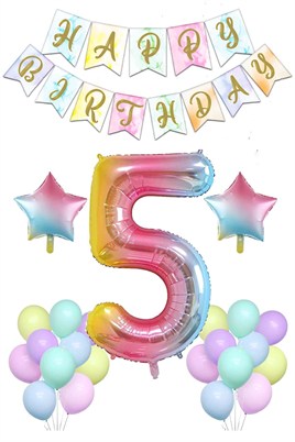 Gökkuşağı Konsepti 5 Yaş Doğum Günü Parti Kutlama Seti; Rakam ve Yıldız Folyo, Banner ve Makaron Balon