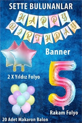 Gökkuşağı Konsepti 5 Yaş Doğum Günü Parti Kutlama Seti; Rakam ve Yıldız Folyo, Banner ve Makaron Balon