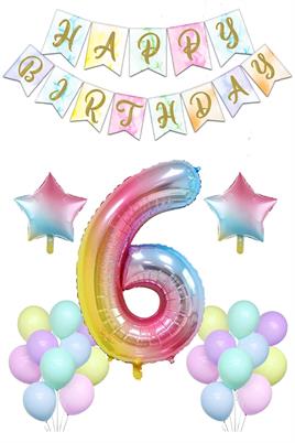 Gökkuşağı Konsepti 6 Yaş Doğum Günü Parti Kutlama Seti; Rakam ve Yıldız Folyo, Banner ve Makaron Balon