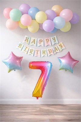 Gökkuşağı Konsepti 7 Yaş Doğum Günü Parti Kutlama Seti; Rakam ve Yıldız Folyo, Banner ve Makaron Balon