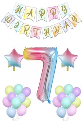 Gökkuşağı Konsepti 7 Yaş Doğum Günü Parti Kutlama Seti; Rakam ve Yıldız Folyo, Banner ve Makaron Balon