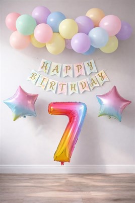 Gökkuşağı Konsepti 7 Yaş Doğum Günü Parti Kutlama Seti; Rakam ve Yıldız Folyo, Banner ve Makaron Balon
