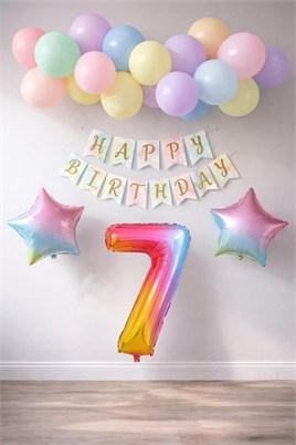 Gökkuşağı Konsepti 7 Yaş Doğum Günü Parti Kutlama Seti; Rakam ve Yıldız Folyo, Banner ve Makaron Balon