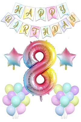 Gökkuşağı Konsepti 8 Yaş Doğum Günü Parti Kutlama Seti; Rakam ve Yıldız Folyo, Banner ve Makaron Balon
