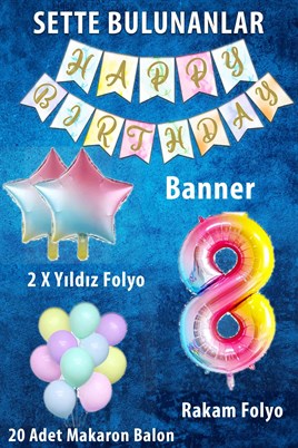 Gökkuşağı Konsepti 8 Yaş Doğum Günü Parti Kutlama Seti; Rakam ve Yıldız Folyo, Banner ve Makaron Balon