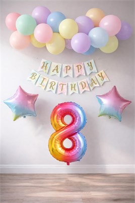 Gökkuşağı Konsepti 8 Yaş Doğum Günü Parti Kutlama Seti; Rakam ve Yıldız Folyo, Banner ve Makaron Balon