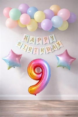Gökkuşağı Konsepti 9 Yaş Doğum Günü Parti Kutlama Seti; Rakam ve Yıldız Folyo, Banner ve Makaron Balon