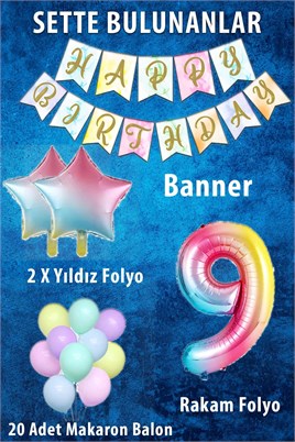 Gökkuşağı Konsepti 9 Yaş Doğum Günü Parti Kutlama Seti; Rakam ve Yıldız Folyo, Banner ve Makaron Balon