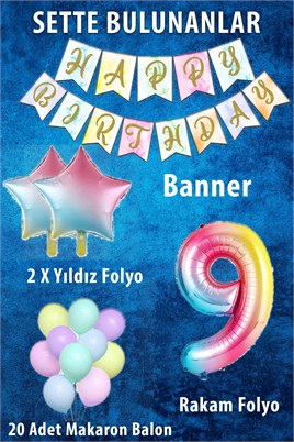 Gökkuşağı Konsepti 9 Yaş Doğum Günü Parti Kutlama Seti; Rakam ve Yıldız Folyo, Banner ve Makaron Balon