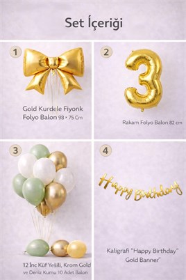 Gold Fiyonk 3 Yaş Doğum Günü Balon Seti