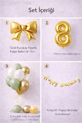 Gold Fiyonk 8 Yaş Doğum Günü Balon Seti