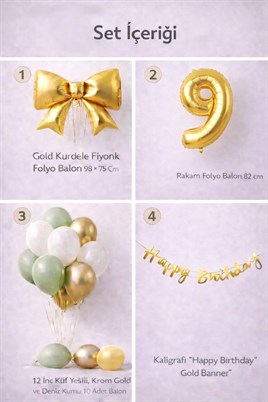 Gold Fiyonk 9 Yaş Doğum Günü Balon Seti