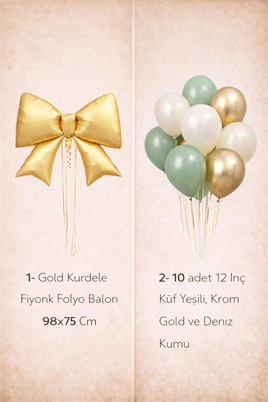 Gold Fiyonk Folyo Balon Seti – Küf Yeşili & Gold Lateks Balonlu