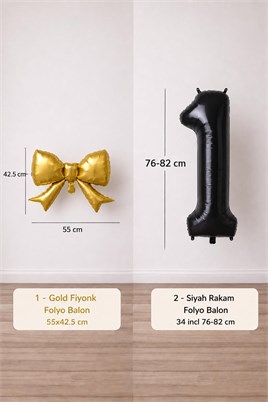 Gold Fiyonk & Siyah 1 Rakam Folyo Balon Seti