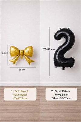 Gold Fiyonk & Siyah 2 Rakam Folyo Balon Seti