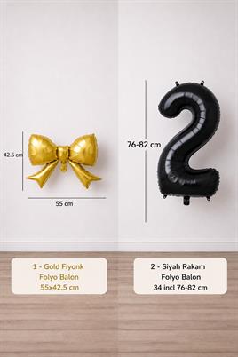 Gold Fiyonk & Siyah 2 Rakam Folyo Balon Seti